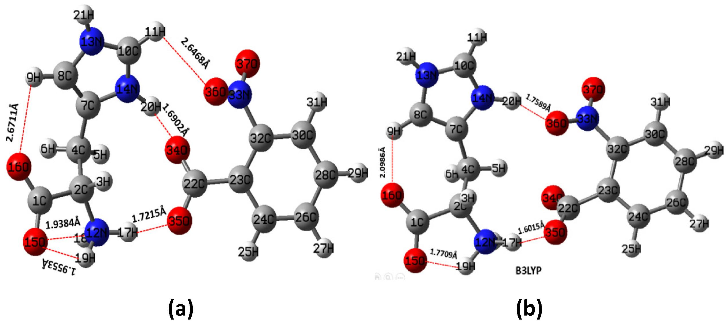 Optimized stable molecular geometry of LH2NB by (a) HF and (b) B3LYP using 6-31G∗∗ basis set.