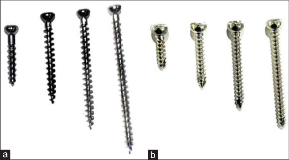 Fully threaded cancellous (a) and cortical screws (b). Note the difference in the pitch.