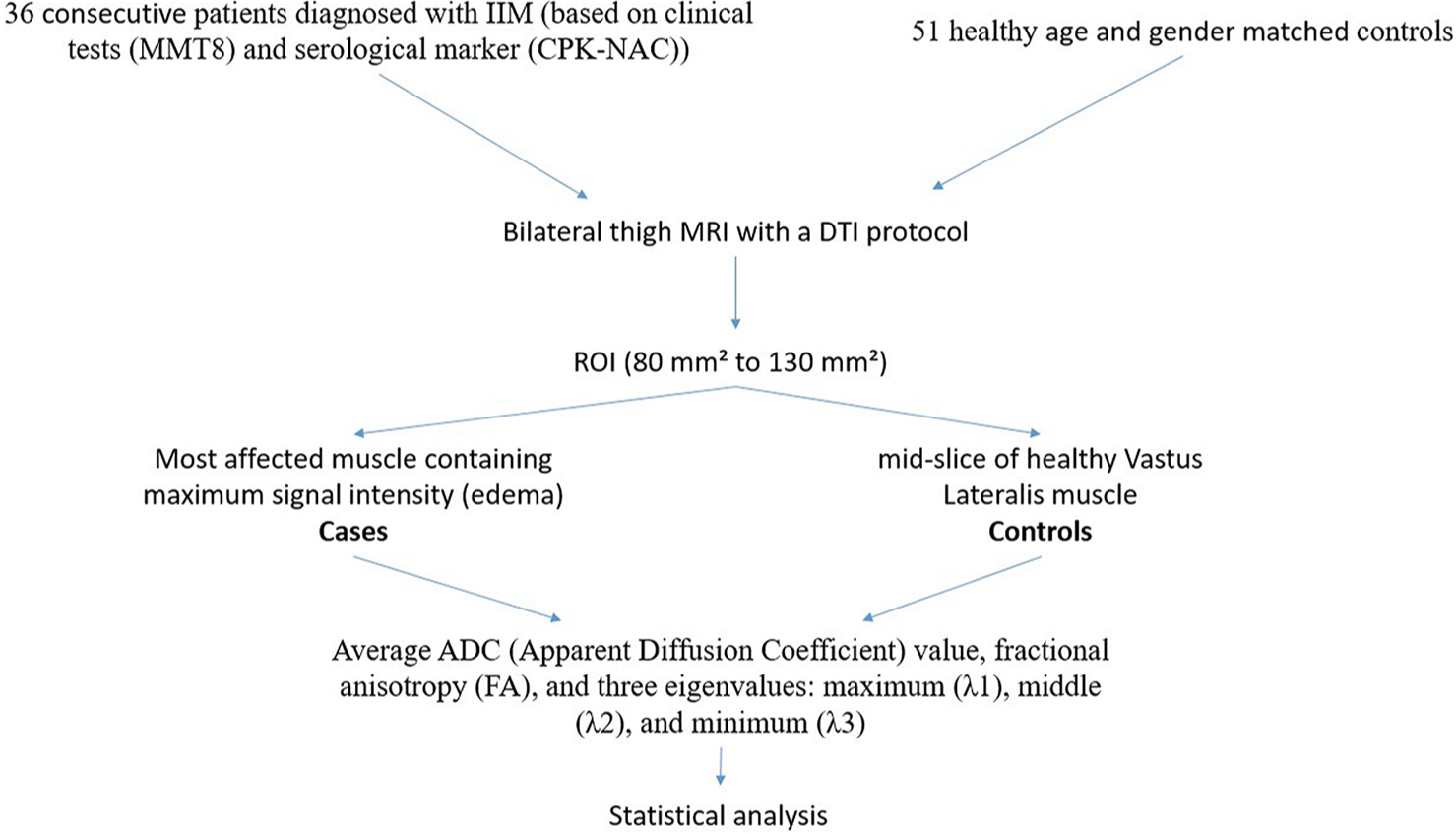 Flow chart depicting study methodology. IIM: Idiopathic inflammatory myopathies, CPKNAC: N-acetyl-cystein-(NAC)-activated creatine kinase, MMT8: Manual Muscle Testing 8, DTI: Diffusion tensor imaging, ROI: Region of interest, ADC: Apparent diffusion coefficient.